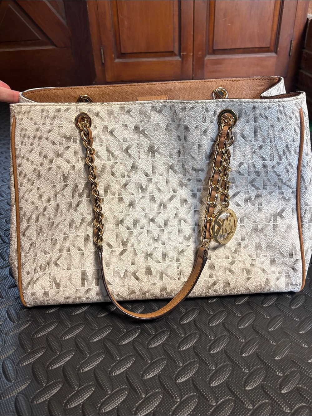 Michael Kors White and Brown MK Logo Chain-Handle Tote